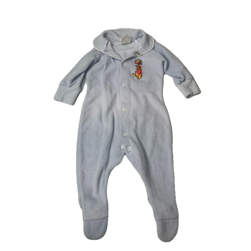 Vtg Winnie The‎ Pooh Terry Cloth One Piece Sleeper Pajamas Blue Size 12 Months